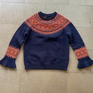 J Crew Merino Wool Blend navy blue & orange ruffle sleeve sweater XXS